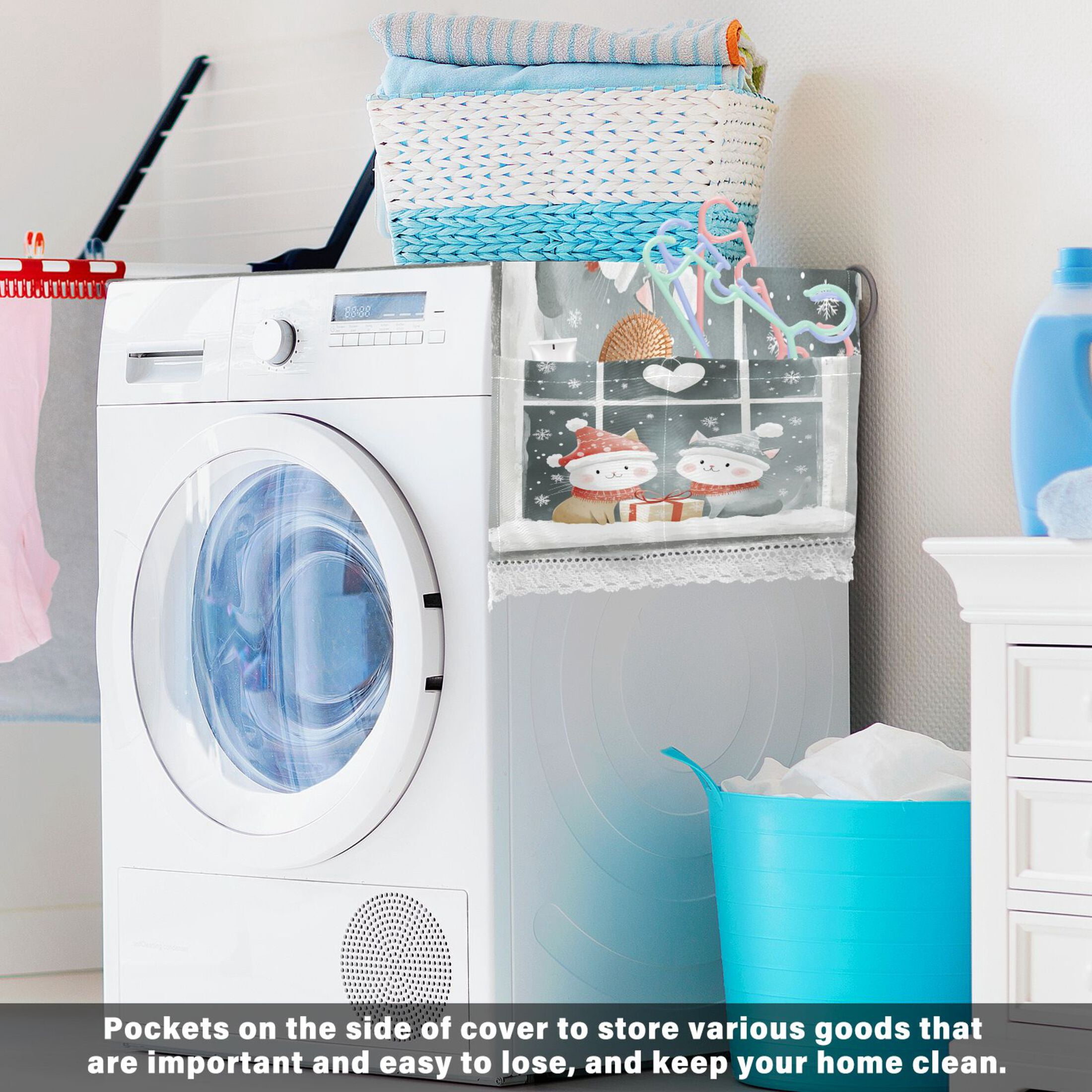 Cute Winter Window SceneWasher and Dryer Covers Dust-Proof and Oil Resistant Fridge Cover with 4 Storage Pockets Washing Machine Top Cover for Laundry Kitchen Home 51.2 x 22 In