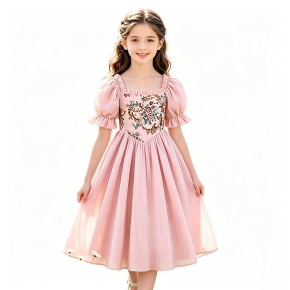 Glisme Big Girls Dress Embroidered Floral Puff Sleeve Square Collar Court-style Princess Girls Dresses