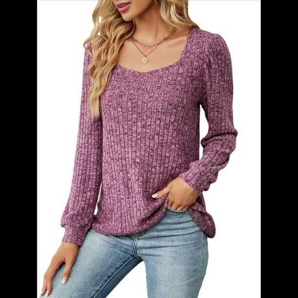 Blusa de Punto Acanalada de Larga para Mujer, Holgada, Suave, , con Cuello Cuadrado, Informal, Tipo Suéter. Rojo Púrpura M