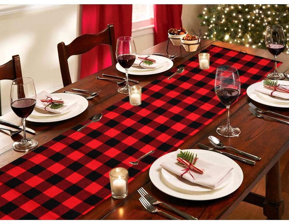 OurWarm Large Christmas Table Runner Cotton Burlap Buffalo Check Reversible Waterproof Red Black Plaid Table Runner for Christmas Holiday Table Decorations Birthday Party Supplies 14 x 108 Inch 