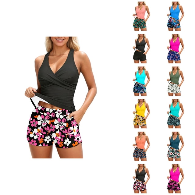 Womens Tankini Bathing Suits 2026 Casual Modest Deep V Neck Crossover Top with Swim Shorts Two Piece Bathing Suits for Women