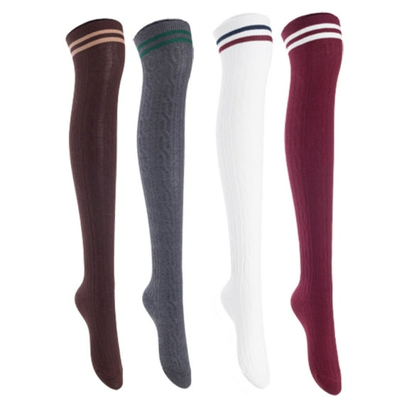 Lian Lifestyle Women's 4 Pairs Incredible Durable Super Soft Unique Over Knee High Thigh High Cotton Socks, Size US 6-9, JMYP1023 Coffee, Dark Gray, White, Wine