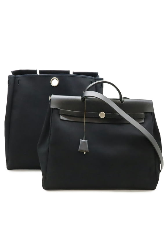 Pre-Owned HERMES Herbag MM Handbag Shoulder Bag Toile Officier Canvas Leather Black G Stamp