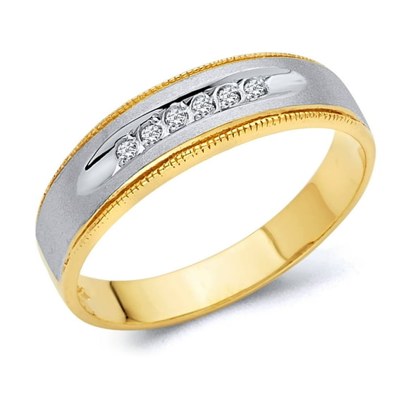 Wellingsale Men's Solid 14k Two 2 Tone White and Yellow Gold Polished CZ Cubic Zirconia Wedding Band - Size 8