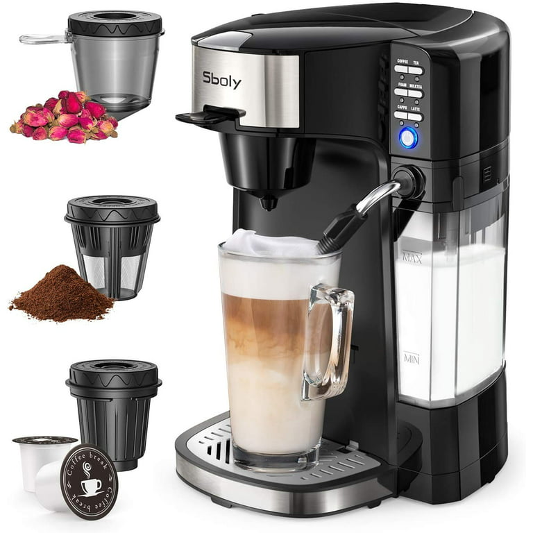 Sboly Single Serve Coffee Maker with Milk Frother , Cappuccino and Latte  Machine , Brew Size 6-14oz , Black