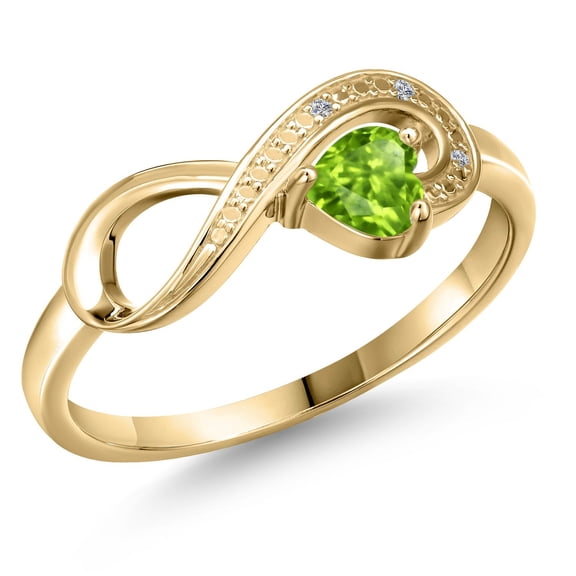 Gem Stone King 10K Yellow Gold Green Peridot and White Diamond Accent Infinity Ring for Women (0.28 Cttw, Heart Shape 4MM, Gemstone August Birthstone, Size 5)