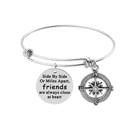 Best Friends Bracelet Side By Side or Miles Apart Expandable Wire Bangle with Compass (Best Friend Bracelets For 3)