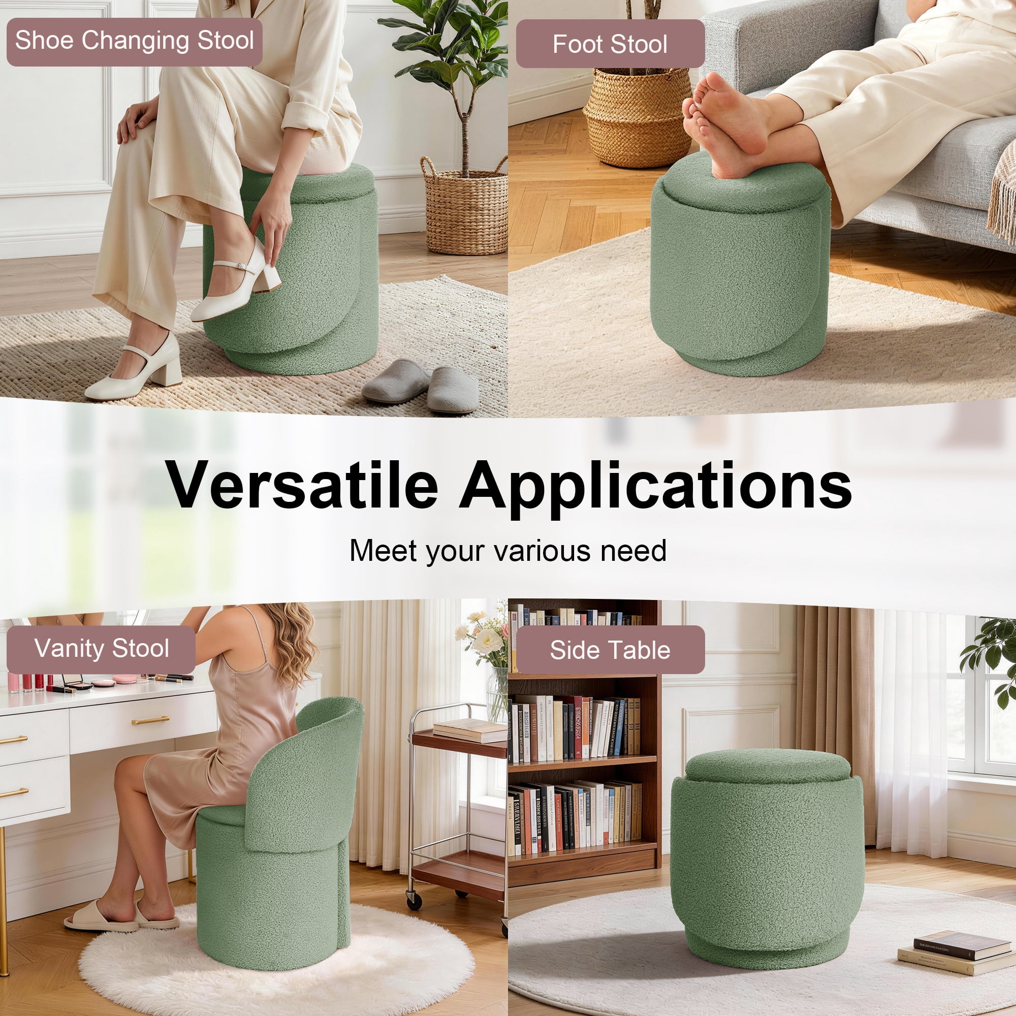 GEEYOO Modern Round Vanity Storage Stool,Sherpa Upholstered Ottoman with Foldable Backrest and Removable Lid,Comfy Makeup Stool for Bedroom Living Room,Green