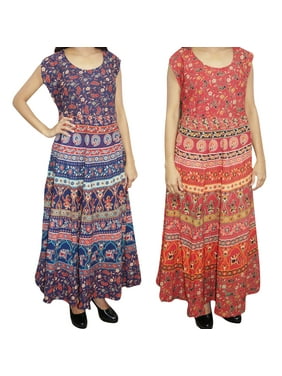 Mogul 2 Women's Indian Cotton Maxi Dress Printed Sleeveless Bohemian Fashion Long Gypsy Dresses L