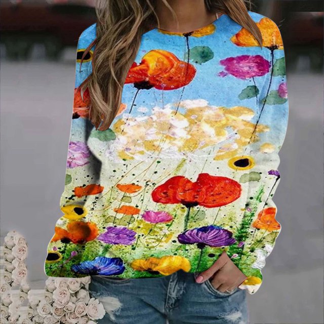 Nouveaux Hauts pour Femmes 2023 Mode Dames Chandail en Molleton à Manches Longues Col Rond Imprimé Blouse Pull-Over Coupe Décontractée Chandail en Molleton Oversize pour Femmes