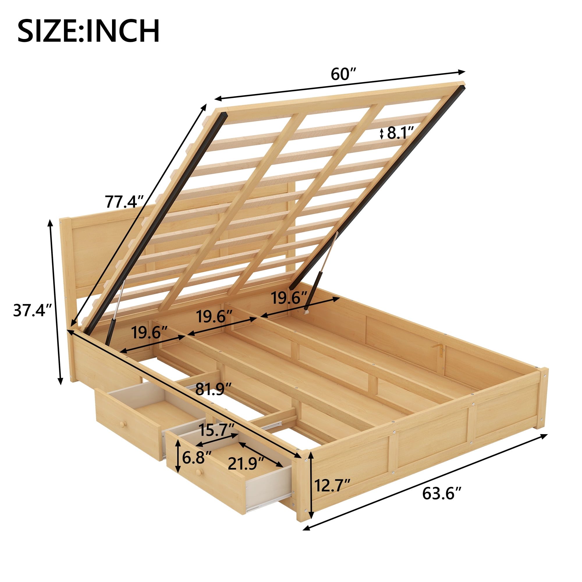 Bellemave Queen Size Lift Up Storage Bed, Wood Platform Bed with 2 Storage Drawers, Queen Size Bed Frame with Hydraulic Storage System, No Box Spring Needed, Easy Assembly, Natural