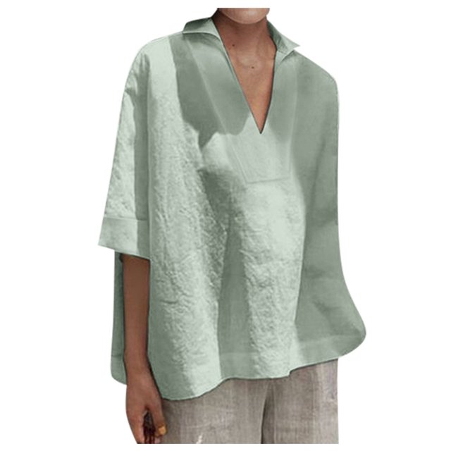 CEHVOM Femmes Manches Courtes Col en V Décontracté Hauts Amples Chemises en Coton pour Dames Blouse