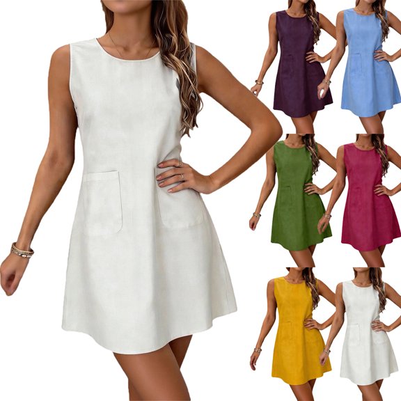 Lenago Dresses for Women Short Sleeve Midi A-Line Dress Casual Solid Color Loose Linen Round Neck Shirt Dress