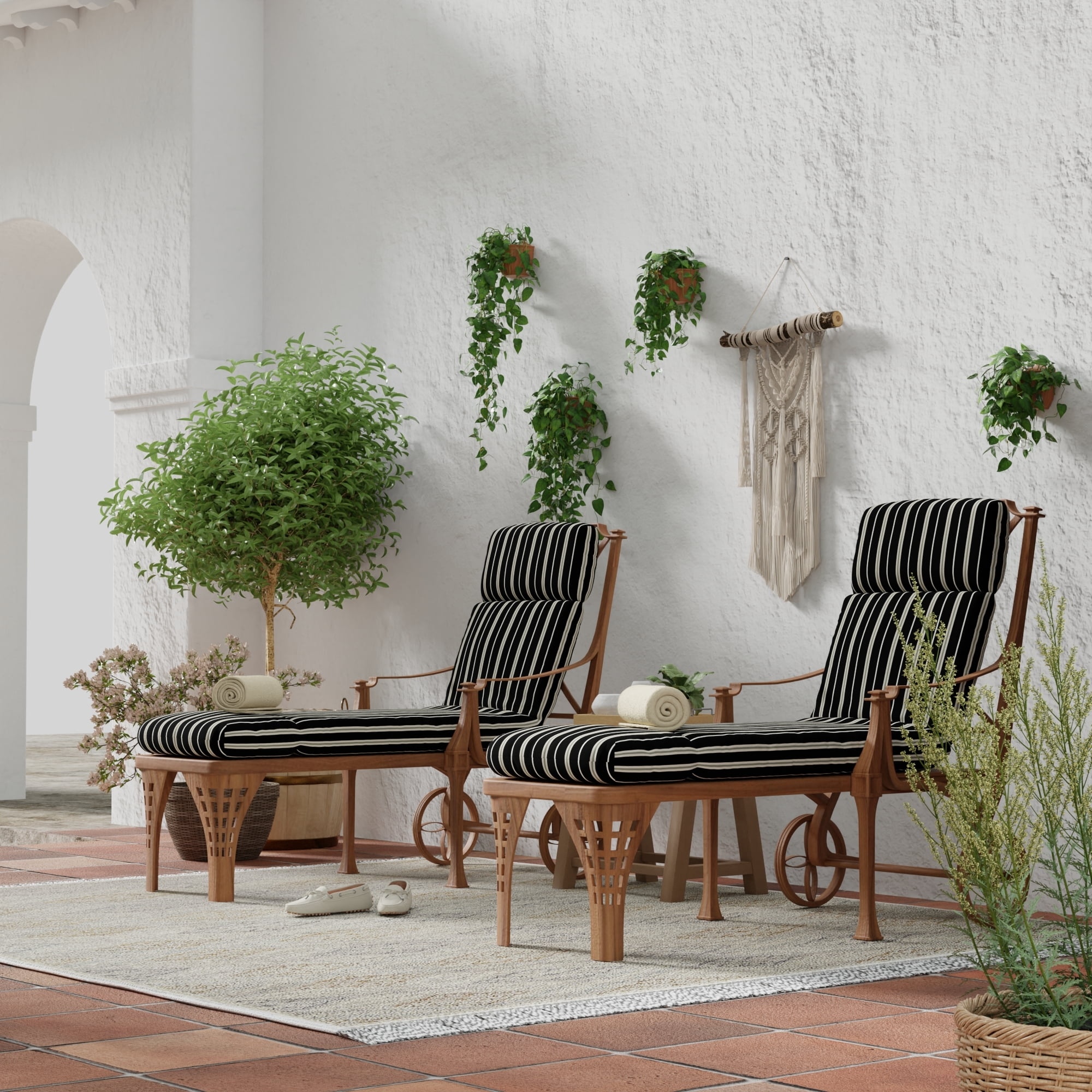 Jordan Manufacturing 72" x 22" Platt Ink Black Stripe Rectangular Outdoor Chaise Lounge Cushion with Ties and Hanger Loop