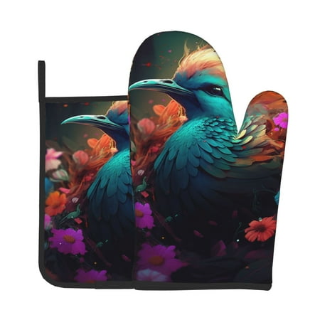 

Jgfou Colorful Flower Bird Pattern Oven Mitts and Pot Holders Sets Heat Resistant Oven Mittens Soft Lining Extra Thicken Long Kitchen Cotton Oven Glove for Cooking