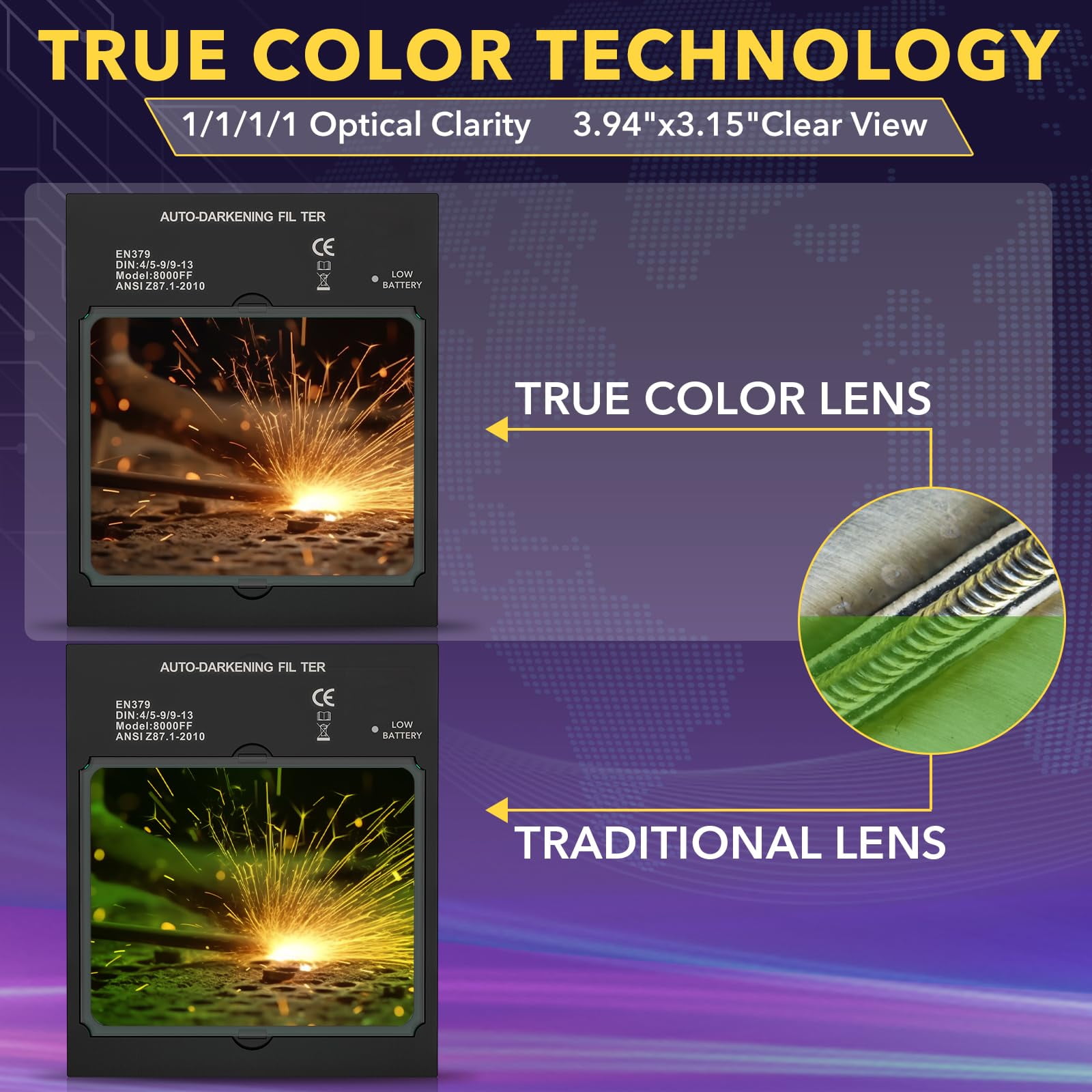 TRQWH Large View Auto Darkening Welding Lens 4.49 * 5.24in Solar True Color Filter with 4 Arc Sensor Adjustable Shade Range 4/5-9/9-13 Replacement Welding Helmet Accessories for TRQWH Welding Hood