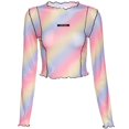 thumbnail image 1 of Women Long Sleeve O-Neck Slim T-Shirt Sexy See-Through Mesh Ruffles Crop Top Neon Rainbow Stripes Letters Label Harajuku Streetwear M, 1 of 4