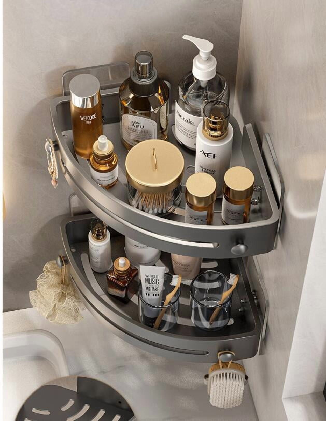 2-Tier Corner Shower Shelf, No Drilling Adhesive or Screw Mount, Heavy Duty Bathroom Corner Shelf Organizer with 24lbs Capacity, No Hooks, Space Saving Quick-Dry PP Shower Caddy for Bath Tub - Black