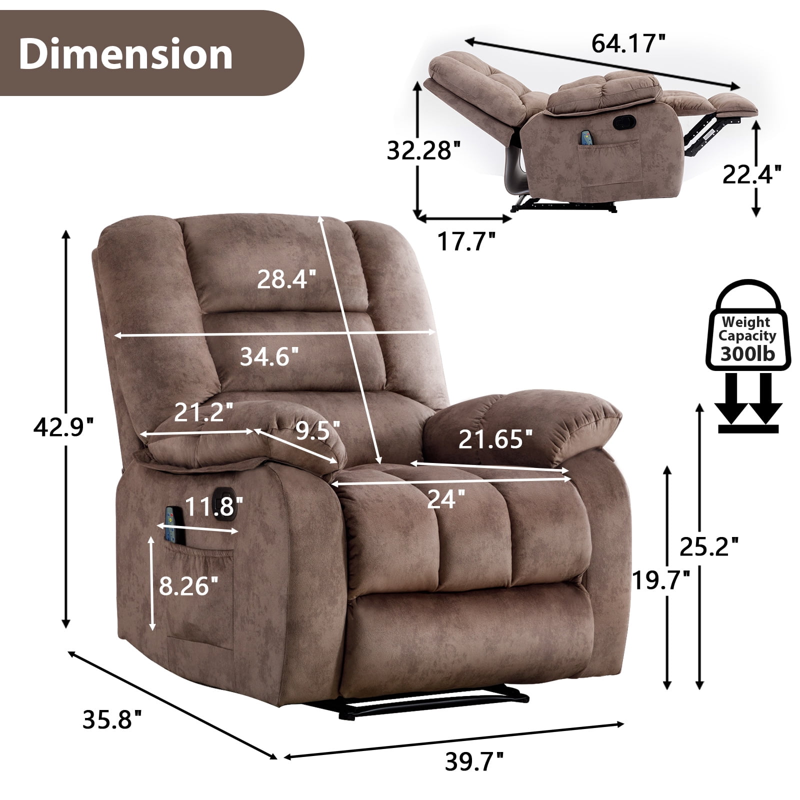 Bonzy Home Recliner Chairs with Massage and Heat Overstuffed Fabric Metal Frame Manual Reclining Chair