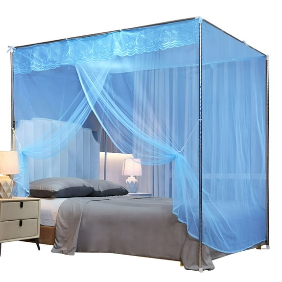 LAMIRO 4 Corners Post Pink Canopy Bed Curtain Full Bed for Girls Adults Mosquito Net Princess Bedroom Decoration