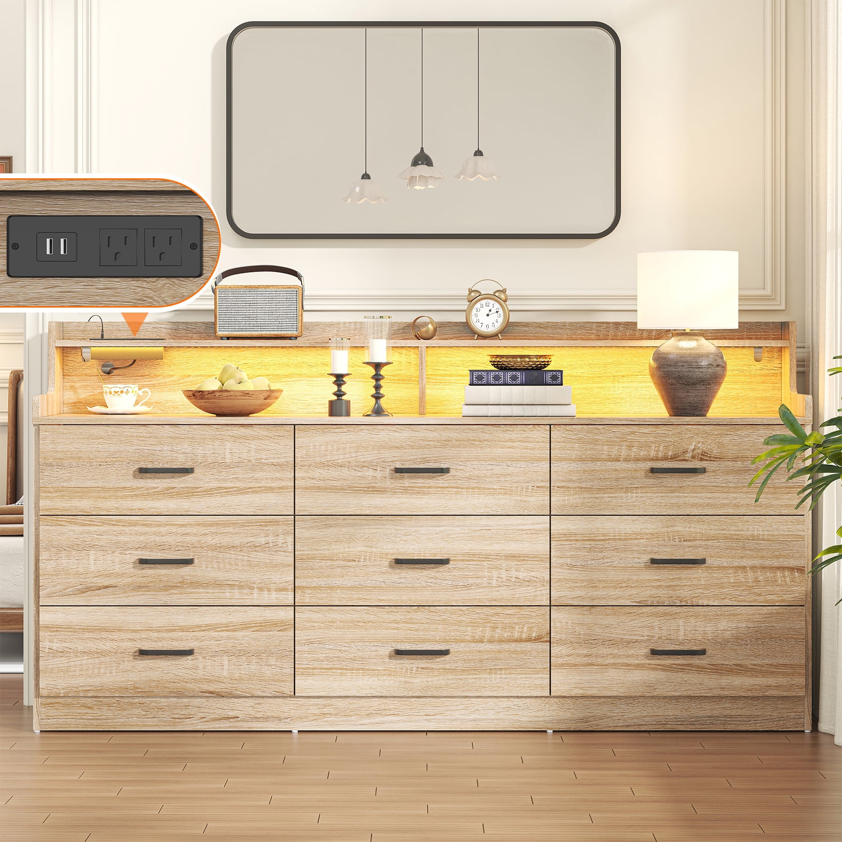 VVFLU Modern Dresser for Bedroom with LED Light, 9 Drawer Oak Dresser with Charging, Wooden Chest of Drawers, Large TV Stand for Bedroom