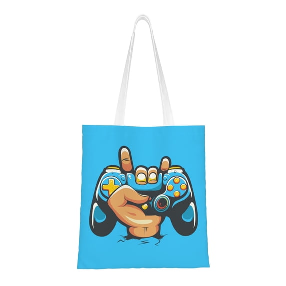 DouZhe Reusable Grocery Bags, Cartoon Rock Game Controller Lightweight Polyester Canvas Cloth Tote Bag for Travle Gym Shopping School, 15" x 16"