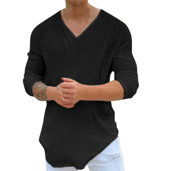 Vedolay Black T Shirts For Men Mens Long Sleeve Shirts Male Casual Cotton Solid T-Shirt Special Design V Neck Top Band T Shirts for Men