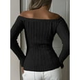 thumbnail image 4 of Womens Off Shoulder Sweater Tops Long Sleeve Asymmetrical Hem Pullover Sweater Ribbed Knitted Slim Fit Sweaters, 4 of 4