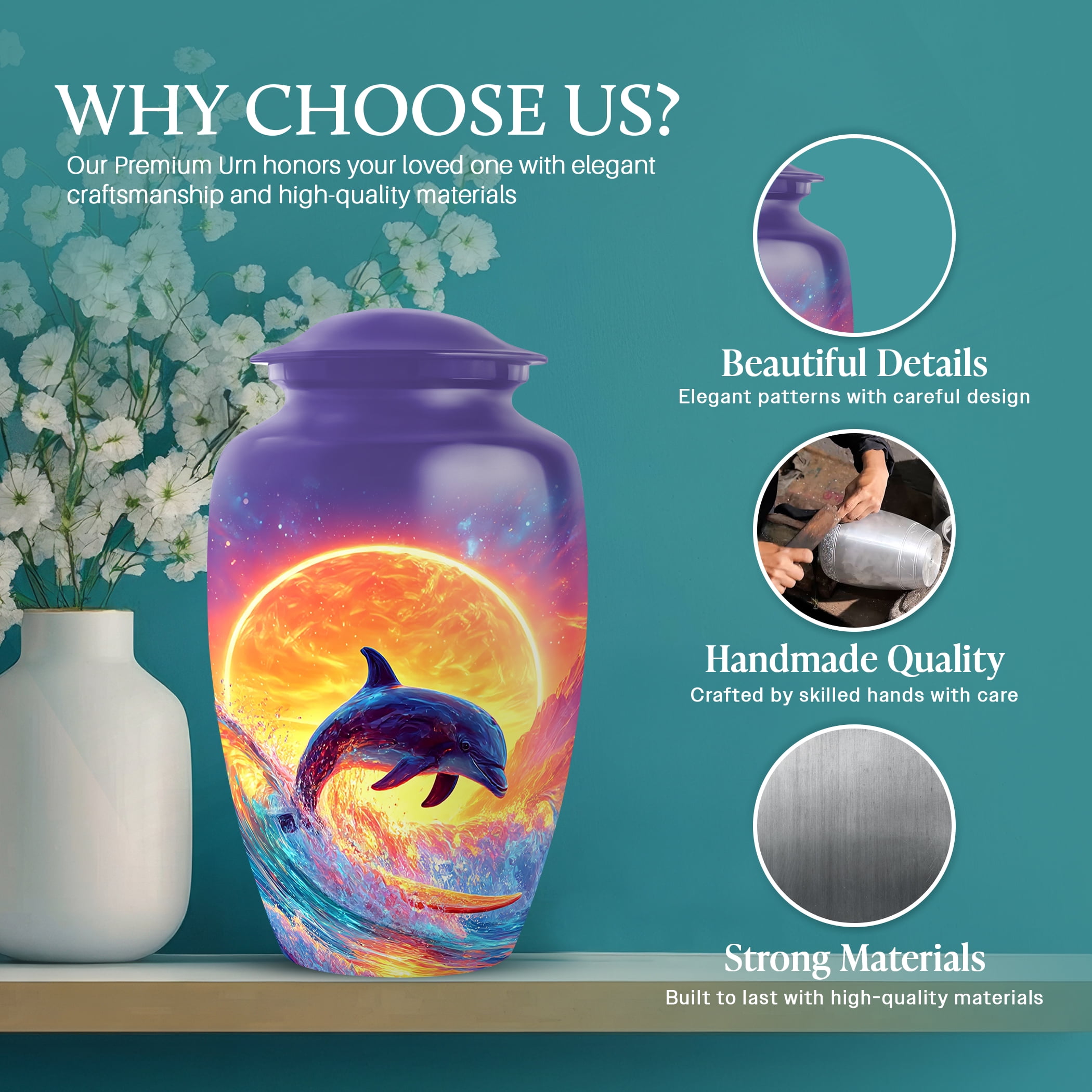 SABURIAL Dolphin Urn - Mini Keepsake Urns for Male & Female Ash - Lovely Funeral Urns for Adult Human Ash - Tribute Urn for Women Ashes - Combo - 10 Inch Large & 3 Inch