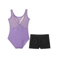 thumbnail image 4 of Moggemol Kids Girls Sheer Mesh Patchwork V-Back Dance Unitards Solid Color Sleeveless Bodysuit with Botty Shorts Set Purple 12, 4 of 7