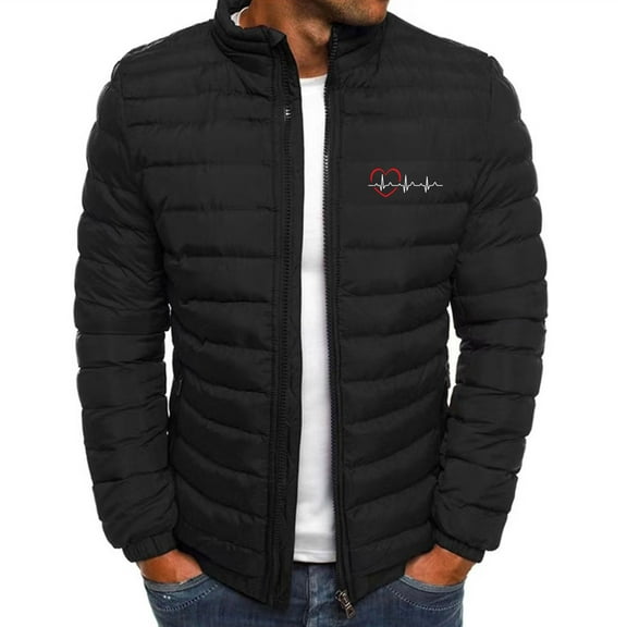 Clearance Under 10$!Winter Warm Jackets for Mens Fashion Plus Size Heart Printed Long Sleeved Zipper Pocket Hooded Stand Collar Casual Cotton Jacket