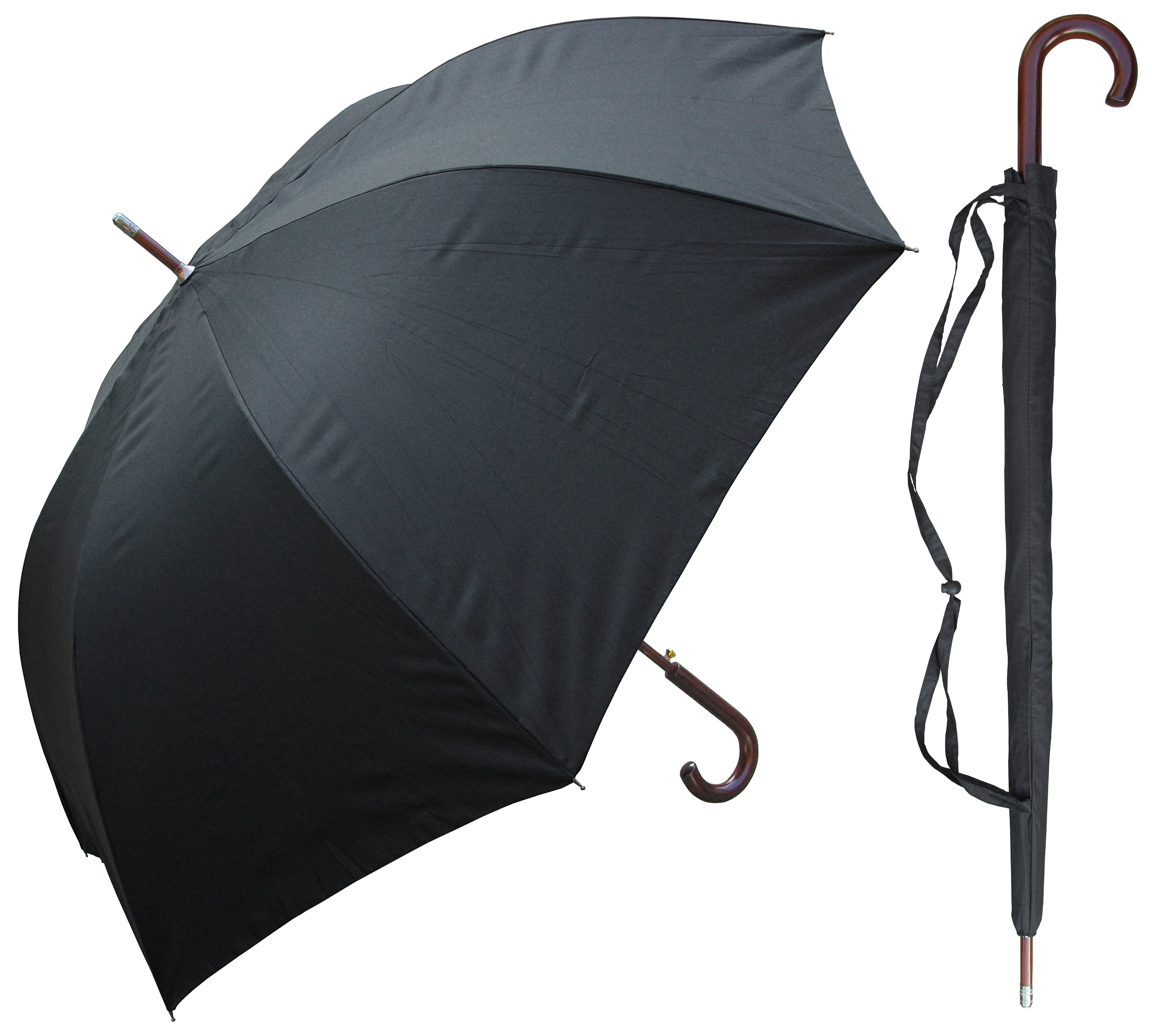 60" Auto Open Black Doorman Umbrella with Wood Hook Handle and