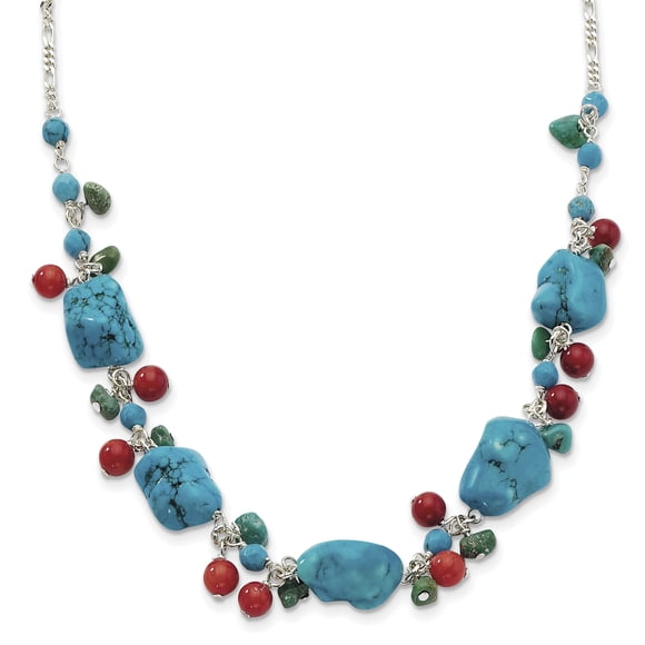 925 Sterling Silver Dyed Howlite, Turquoise, Red Coral Necklace 16 Inch