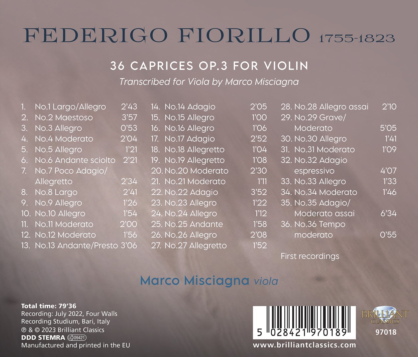 Marco Misciagna - 36 Caprices Op. 3 for Violin Transcribed for - Music & Performance - CD