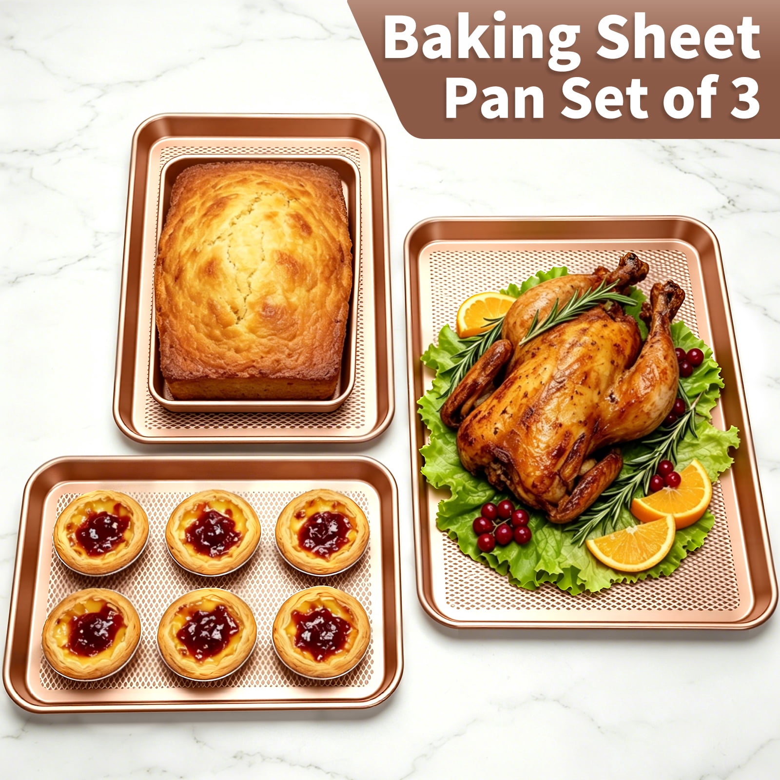 Baking Sheet Set, Nonstick Diamond-Texture Carbon Steel, Stackable, Easy Clean, Champagne Gold, 3-Piece, Up to 12.6x17.5 Inches