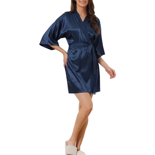 Inspire Chic Batas de Seda para Mujeres en el Día de la Madre, Mangas 3/4, Cintura con Cinta, Pijamas de Satén Floral, Color Azul Marino