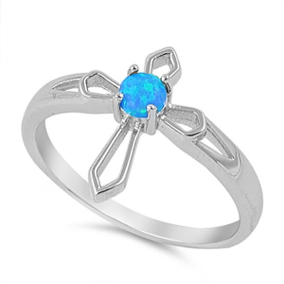 Blue Simulated Opal Cross Cutout Religious Ring Sterling Silver Band CZ 925 Female Size 7