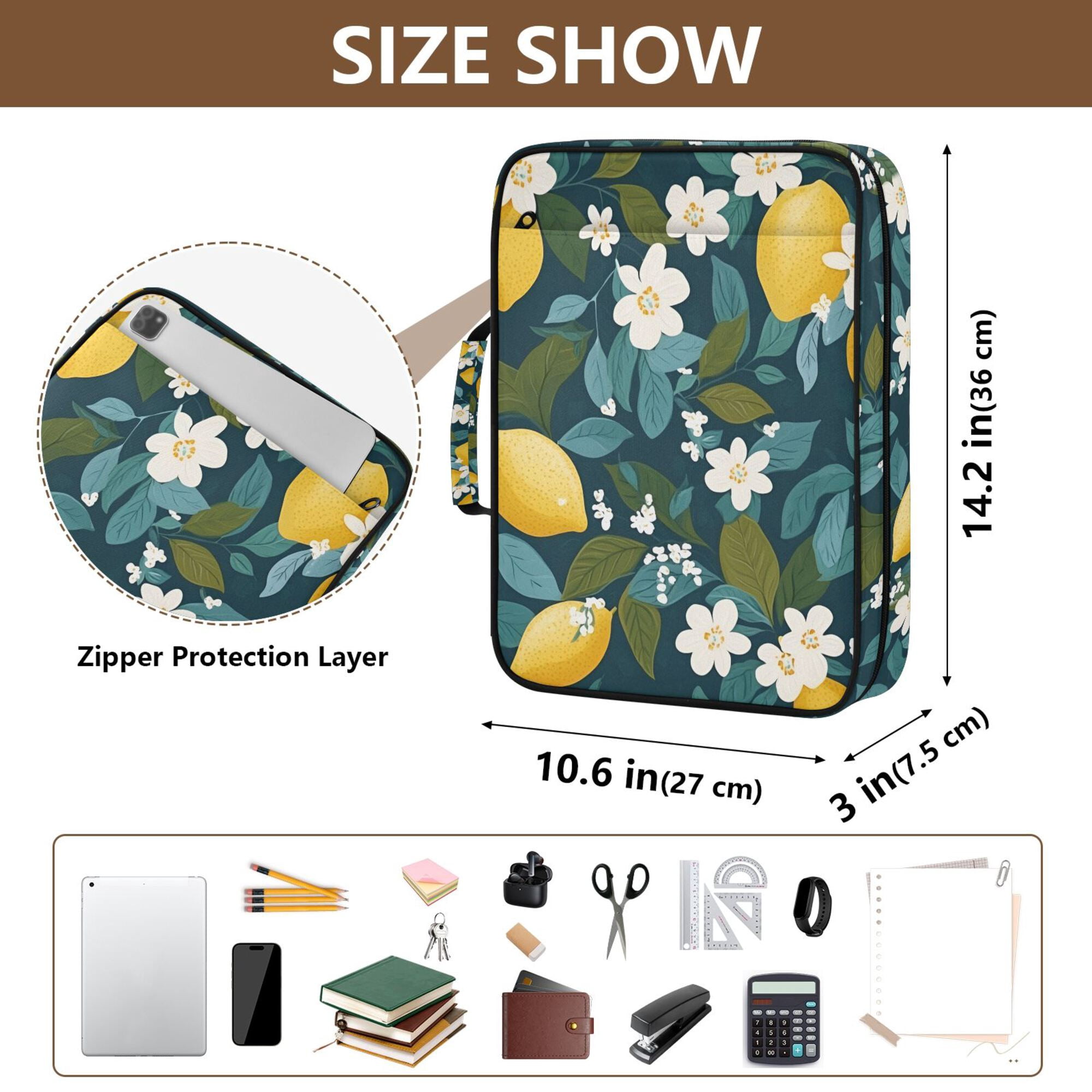FORMRS Accordion File Folder A4 Size 7-Pocket Expanding Document Organizer Bag with 3 Ring Binder, Green Lemon Leaves