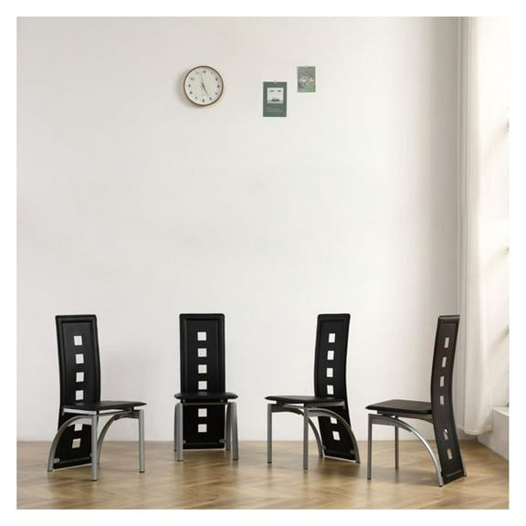 PU Leather Dining Chairs (4pcs) - Long Backrest, Square Hollow Design, Black Cushion, Electroplating Legs - Modern Kitchen Chairs for Home & Dining Room