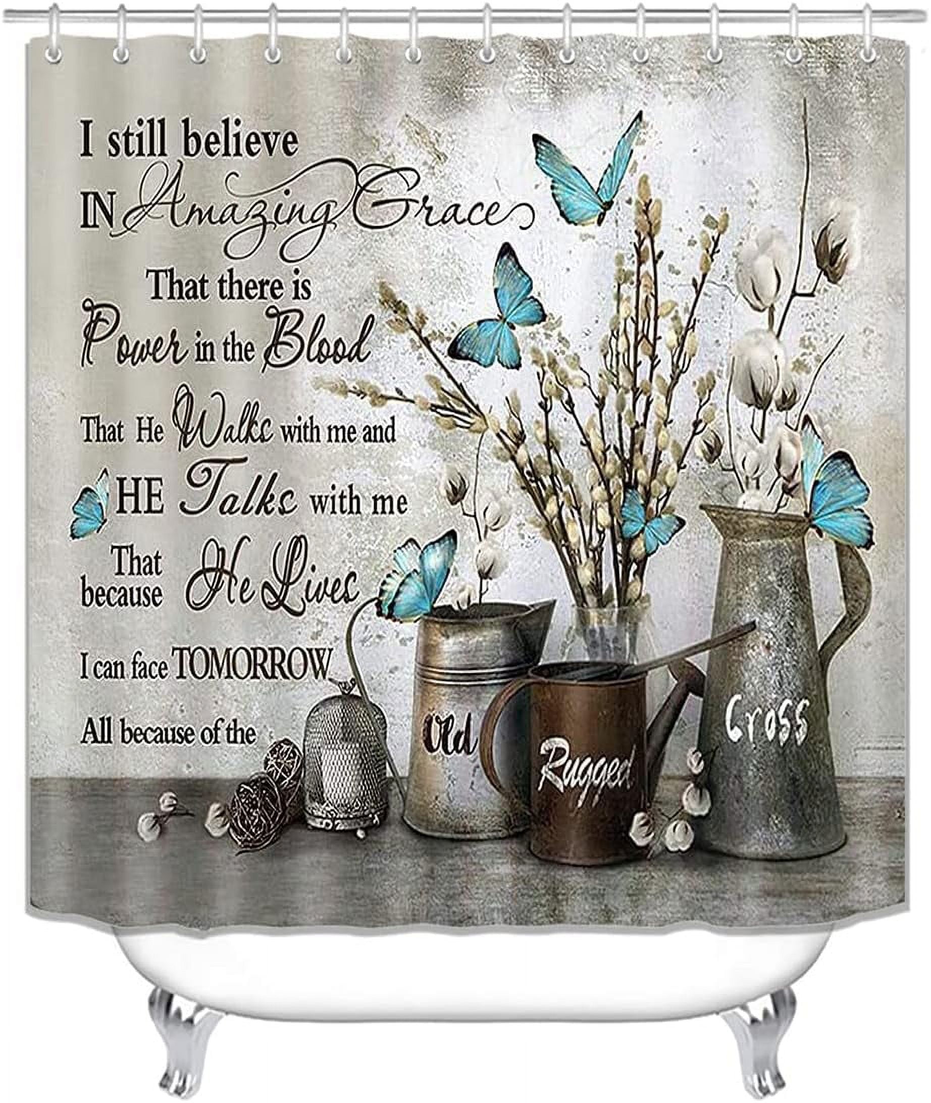 4PCS Farmhouse Shower Curtain Set, Bless This Home Cotton Flower Teal Pitcher Vase Moroccan Country Rustic Bathroom Decor, Waterproof Fabric White Shower Curtain, Non-Slip Bath Mat Toilet Rug