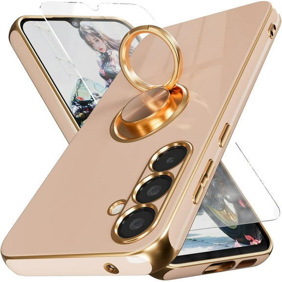 for Samsung Galaxy S23 FE Case, Screen Protector,with Magnetic Kickstand,Built-in 360° Rotation Ring Holder,Plating Gold Edge Slim Soft TPU Shockproof Protective Case for Galaxy S23 FE, Pink