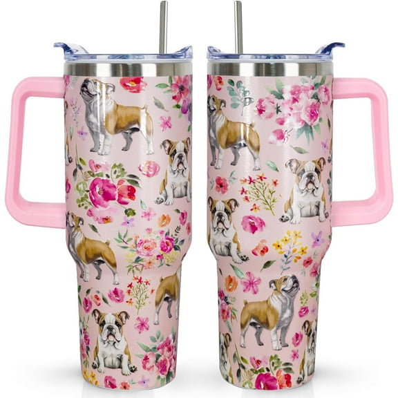Bulldog Tumbler Bulldog Gifts 40 OZ 3D-Printed Insulated Cup Dog Lover Gift Travel Mug with Dogs Patterns and Vintage Florals(One Tumbler Included)