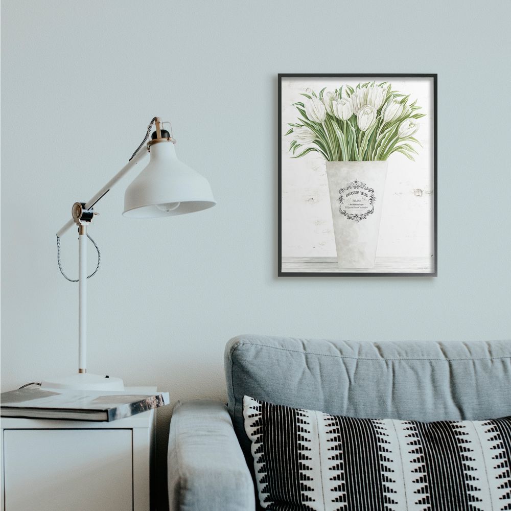 Stupell Industries White Tulip Bouquet in Parisian Vase Floral Arrangement Botanical & Floral Painting Black Framed Art Print Wall Art, 24 x 30