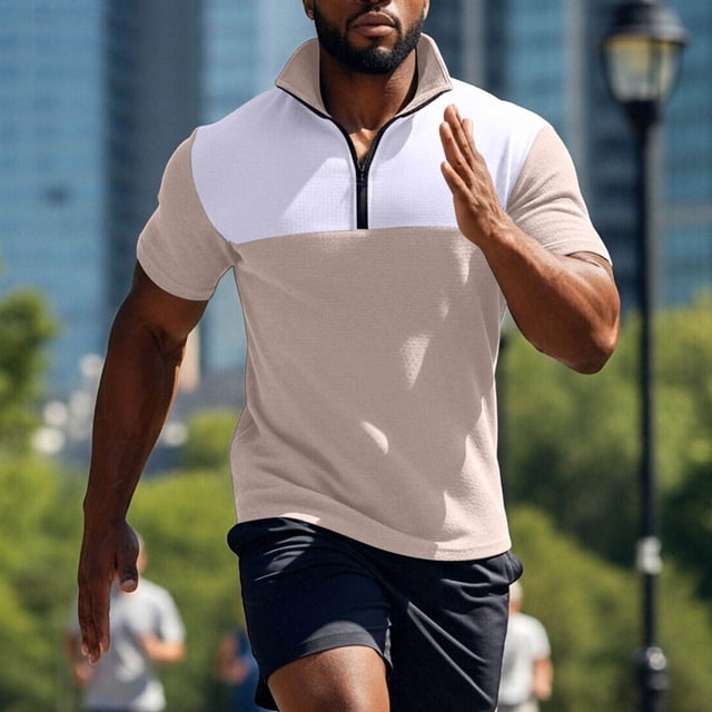 Blusa y camisa de manga corta con cuello alto para hombre, con bloques de color, manga corta, cremallera, cuello alto, informal, deportiva, blusa para hombre