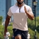 thumbnail image 1 of Ceisia Men's Slim Fit Short Sleeve Half-Zip Color-Blocked Top Waffle-Knit Texture Spring Summer Shirt Gift, 1 of 6