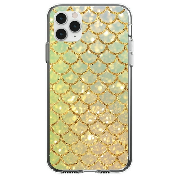 DistinctInk Clear Shockproof Hybrid Case for iPhone 12 MINI (5.4" Screen) - TPU Bumper, Acrylic Back, Tempered Glass Screen Protector - Gold Green Mermaid Scales