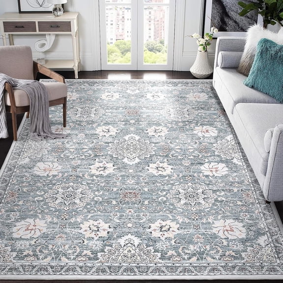 10x13 Ft Area Rug Living Room Washable Non Slip Low Pile Vintage Floral Blue/Grey