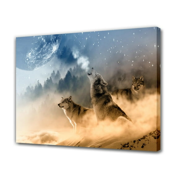 A Wolf Pack Howling At The Moon Canvas Poster Bedroom Decor Sports Landscape Office Room Decor Gift,Frame-style,12x18inch(30x45cm)