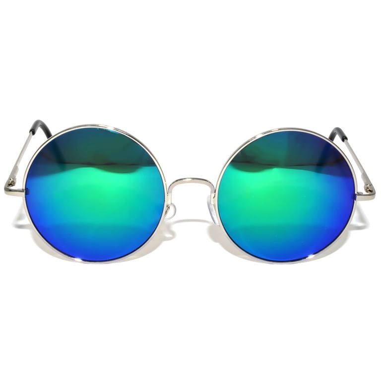Round Sunglasses - (56mm) Silver Frame / Bluegreen Mirror 
