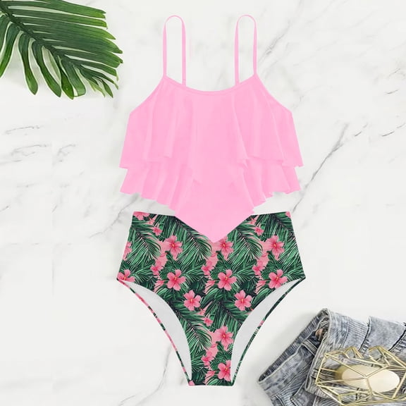 Teen Bathing Suits for Girls 12-13 Girl's 2 Piece Tankini Swimsuits Flowy Ruffle Flounce Floral Print Cute Bathing Suits